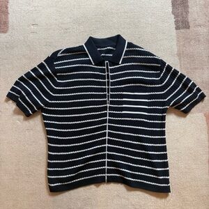 Men's Navy and White Striped Sweater Polo
